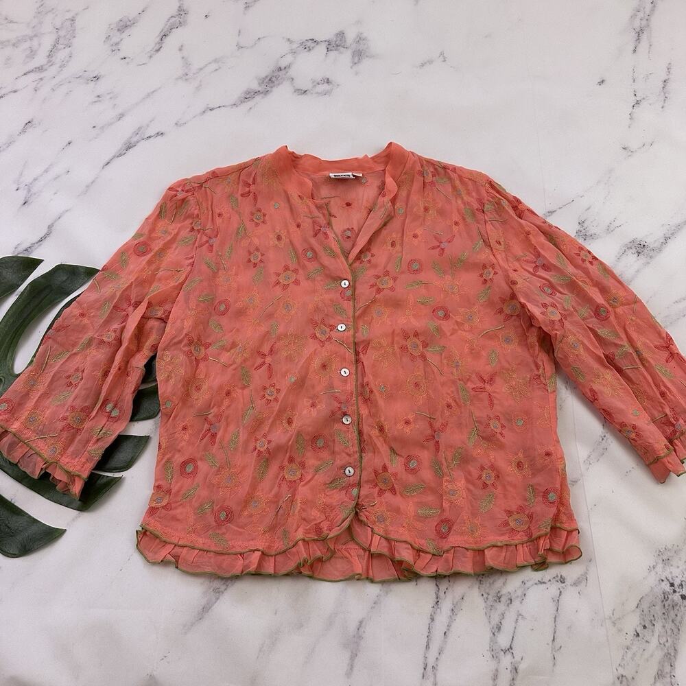 Johnny Was Womens Vintage 90s Embroidered Blouse Top Size XL Coral Orange Floral
